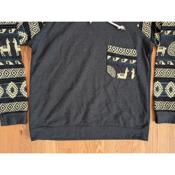 Ecuador Aztec Hoodie Pullover Wool Blend Blue Footed Design Handmade Alpaca L - Picture 2 of 12